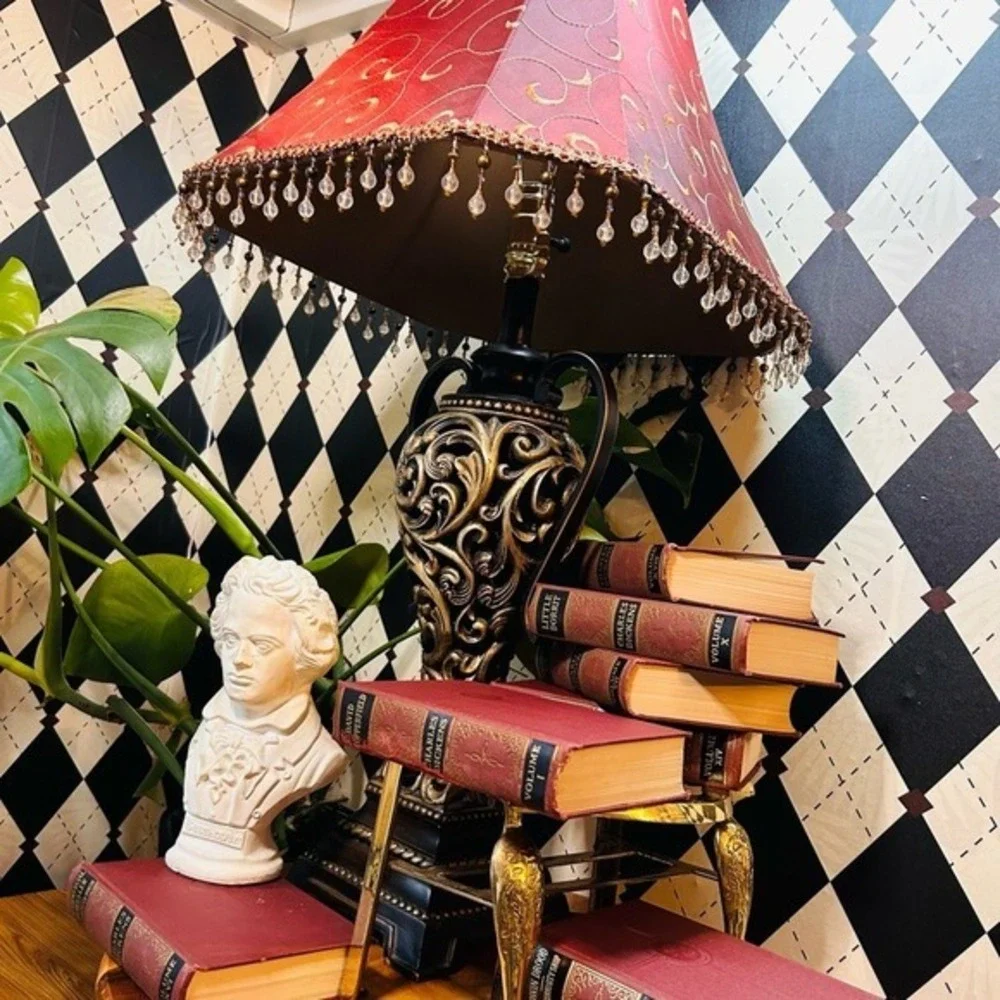 Moody Vintage Table Lamp‎ with Deep Burgundy Shade| Ornate Baroque Decor